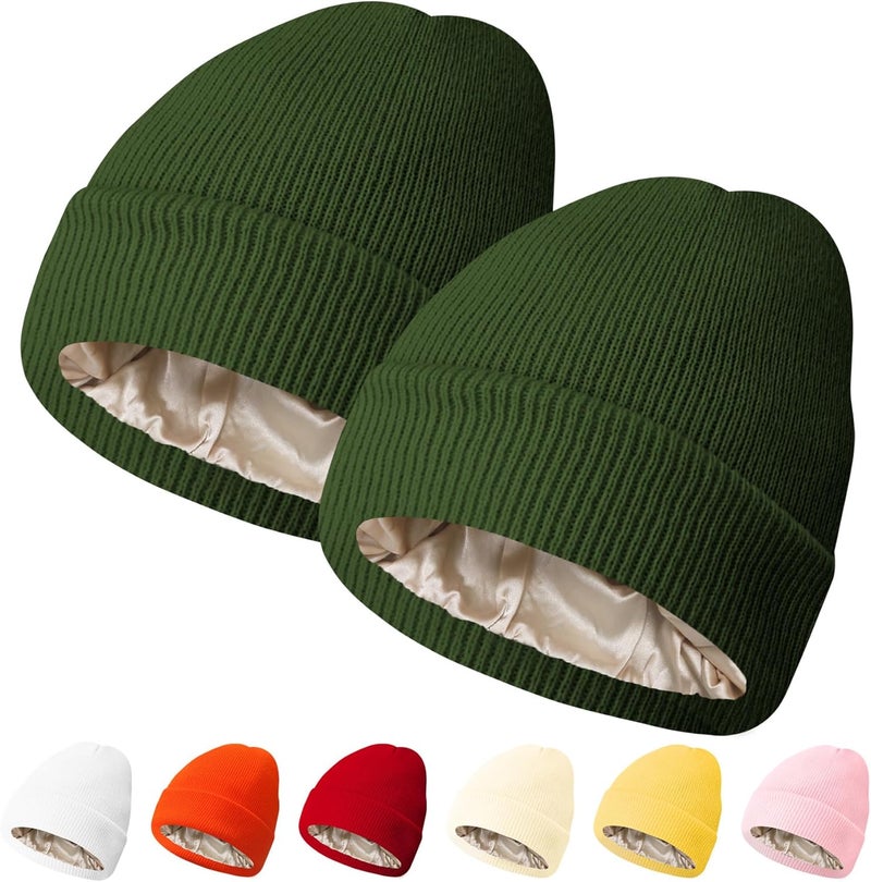 PFFY 2 Packs Womens Satin Lined Beanie Hat Silk Lining Winter Hats Beanies for Women Soft Slouchy Beanie Skull Cap - Image 1